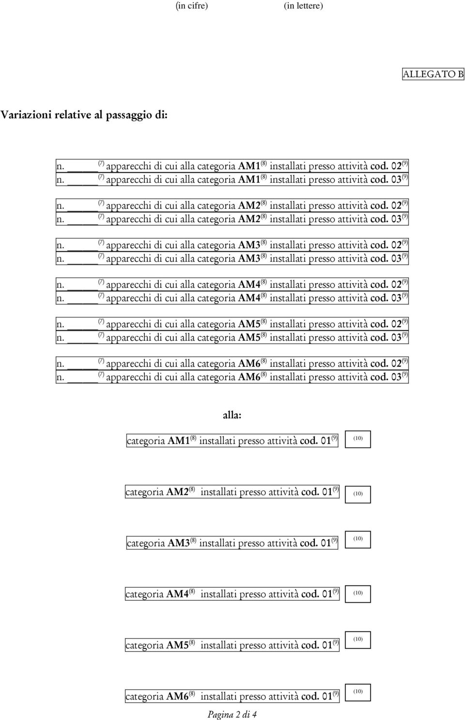 (7) apparecchi di cui alla categoria AM2 (8) installati presso attività cod. 03 (9) n. (7) apparecchi di cui alla categoria AM3 (8) installati presso attività cod. 02 (9) n.