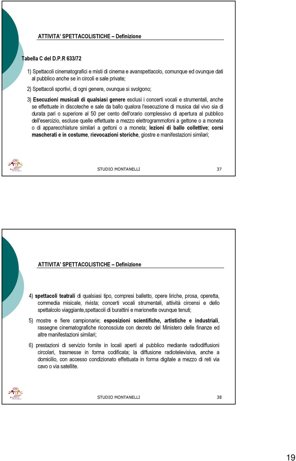 R 633/72 1) Spettacoli cinematografici e misti di cinema e avanspettacolo, comunque ed ovunque dati al pubblico anche se in circoli e sale private; 2) Spettacoli sportivi, di ogni genere, ovunque si