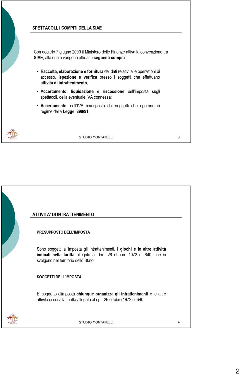 eventuale IVA connessa; dell imposta sugli Accertamento, dell IVA corrisposta dai soggetti che operano in regime della Legge 398/91; STUDIO MONTANELLI 3 ATTIVITA DI INTRATTENIMENTO PRESUPPOSTO DELL