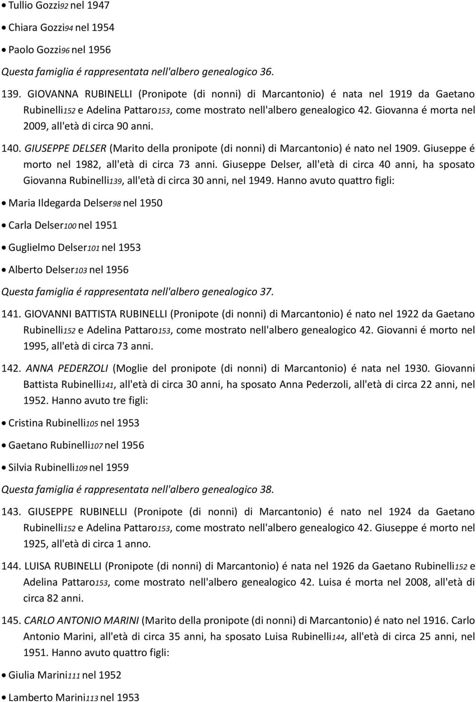 Giovanna é morta nel 2009, all'età di circa 90 anni. 140. GIUSEPPE DELSER (Marito della pronipote (di nonni) di Marcantonio) é nato nel 1909. Giuseppe é morto nel 1982, all'età di circa 73 anni.