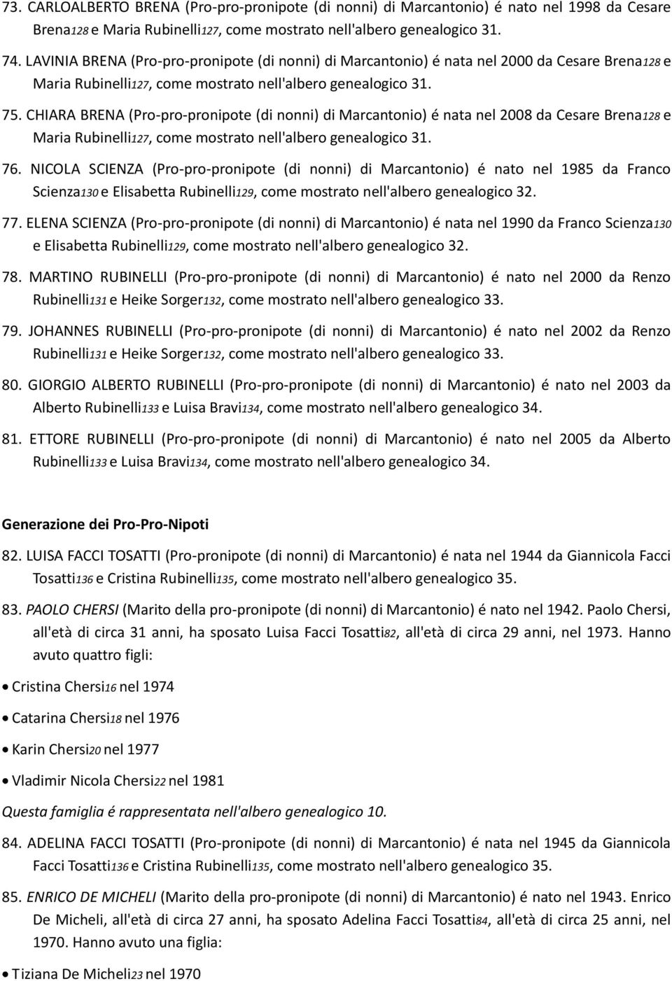 CHIARA BRENA (Pro-pro-pronipote (di nonni) di Marcantonio) é nata nel 2008 da Cesare Brena128 e Maria Rubinelli127, come mostrato nell'albero genealogico 31. 76.