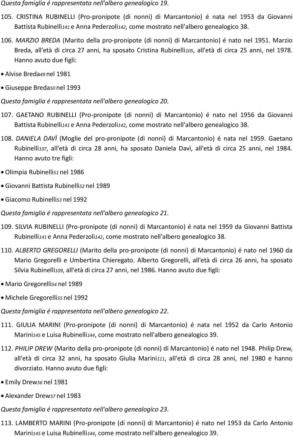 MARZIO BREDA (Marito della pro-pronipote (di nonni) di Marcantonio) é nato nel 1951. Marzio Breda, all'età di circa 27 anni, ha sposato Cristina Rubinelli105, all'età di circa 25 anni, nel 1978.