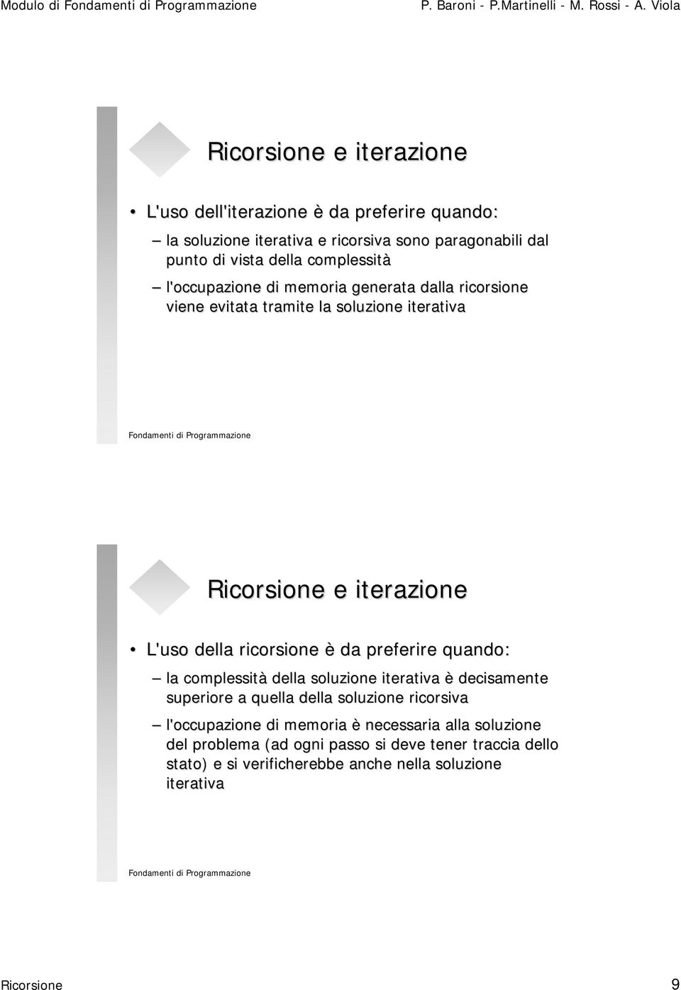 ricorsione è da preferire quando: la complessità della soluzione iterativa è decisamente superiore a quella della soluzione ricorsiva l'occupazione di