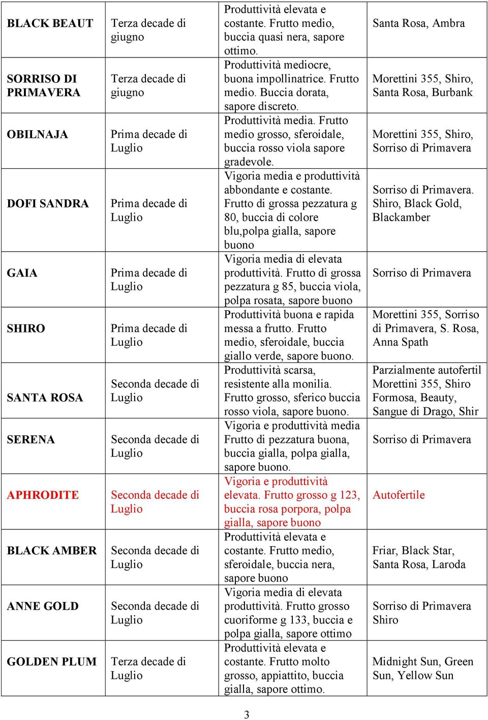 Vigoria media e produttività abbondante e costante. Frutto di grossa pezzatura g 80, buccia di colore blu,polpa gialla, sapore buono Vigoria media di elevata produttività.