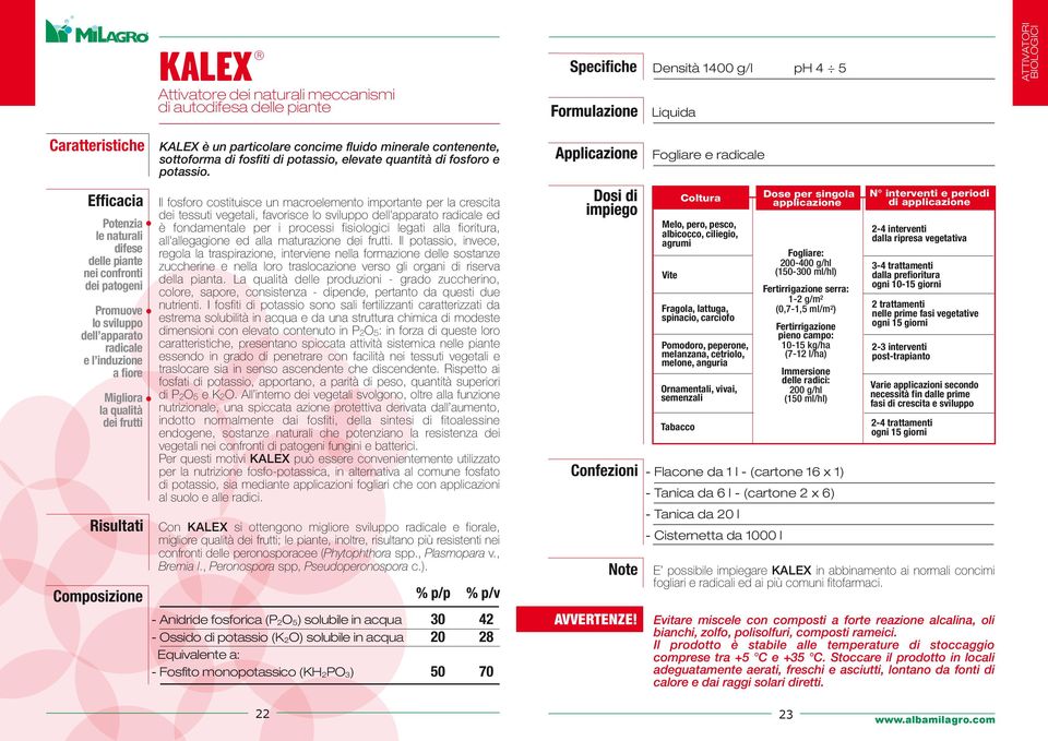 Fogliare e radicale Potenzia le naturali difese delle piante nei confronti dei patogeni Promuove lo sviluppo dell apparato radicale e l induzione a fiore Migliora la qualità dei frutti Il fosforo