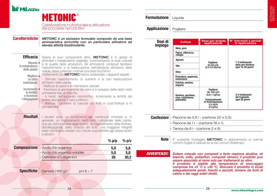 Melo, pero N interventi e periodi di Stimola il metabolismo delle piante Migliora lo stato nutrizionale Incrementa la fertilità e favorisce l allegagione Grazie ai suoi componenti attivi, METONIC è