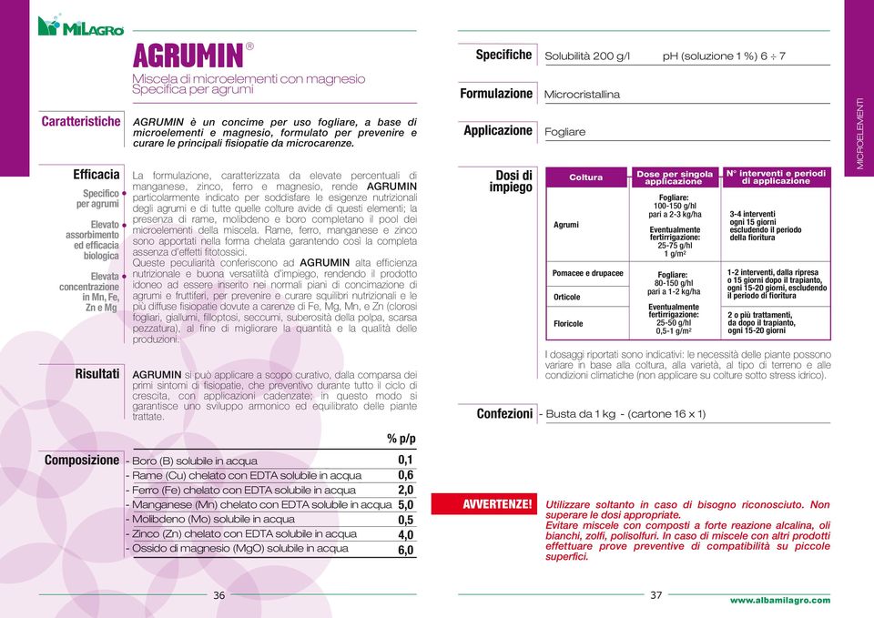 La formulazione, caratterizzata da elevate percentuali di manganese, zinco, ferro e magnesio, rende AGRUMIN particolarmente indicato per soddisfare le esigenze nutrizionali degli agrumi e di tutte