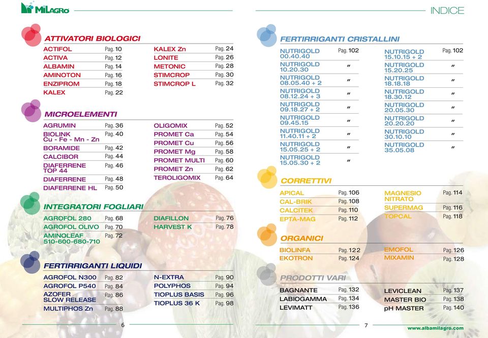 70 KALEX Zn LONITE METONIC STIMCROP STIMCROP L OLIGOMIX PROMET Ca PROMET Cu PROMET Mg PROMET MULTI PROMET Zn TEROLIGOMIX DIAFILLON HARVEST K Pag. 24 Pag. 26 Pag. 28 Pag. 30 Pag. 32 Pag. 52 Pag.