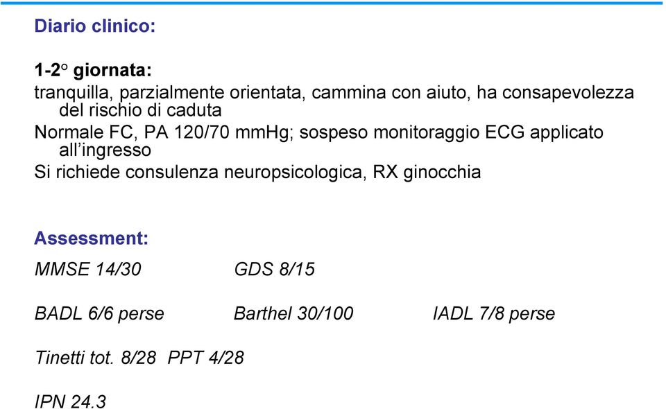 applicato all ingresso Si richiede consulenza neuropsicologica, RX ginocchia Assessment: