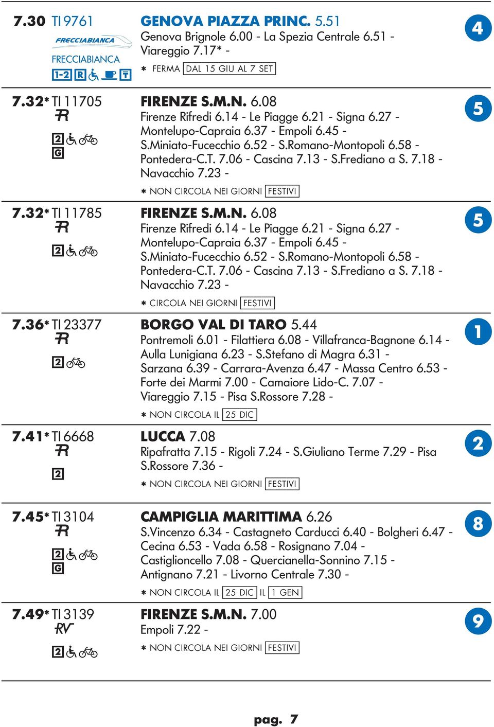 3 - * NON CIRCOA NI IORNI [festivi] 7.3* TI 11785 FIRNZ S.M.N. 6.08 Firenze Rifredi 6.3 - * CIRCOA NI IORNI [festivi] 7.36* TI 3377 ORO VA DI TARO 5.44 Pontremoli 6.01 - Filattiera 6.