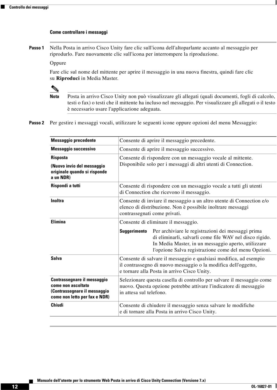 Nota Posta in arrivo Cisco Unity non può visualizzare gli allegati (quali documenti, fogli di calcolo, testi o fax) o testi che il mittente ha incluso nel messaggio.