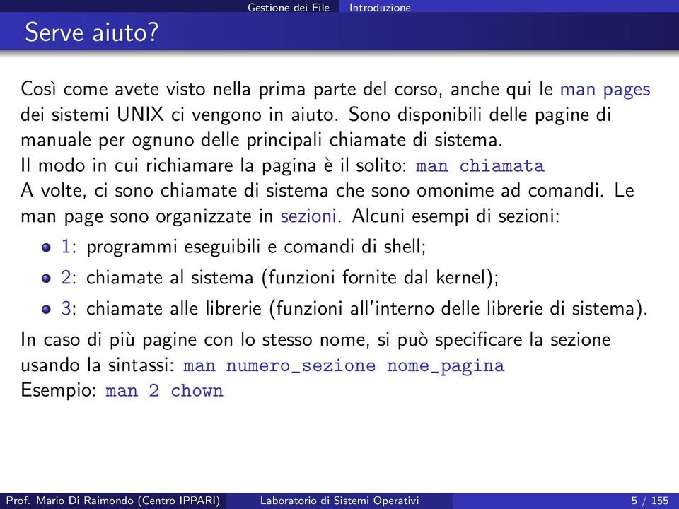 Il modo in cui richiamare la pagina è il solito: man chiamata A volte, ci sono chiamate di sistema che sono omonime ad comandi. Le man page sono organizzate in sezioni.