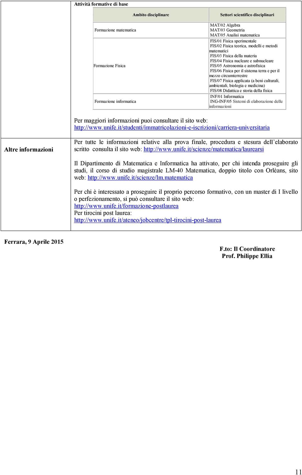 terra e per il mezzo circumterrestre FIS/07 Fisica applicata (a beni culturali, ambientali, biologia e medicina) FIS/08 Didattica e storia della fisica INF/01 Informatica ING-INF/05 Sistemi di