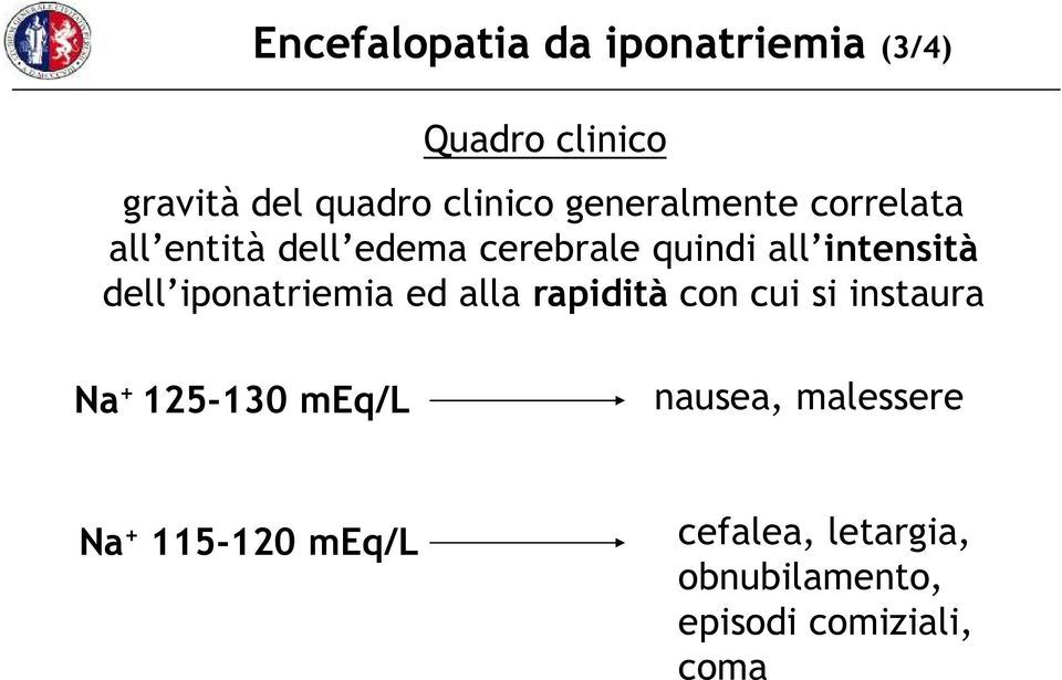 iponatriemia ed alla rapidità con cui si instaura Na + 125-130 meq/l nausea,