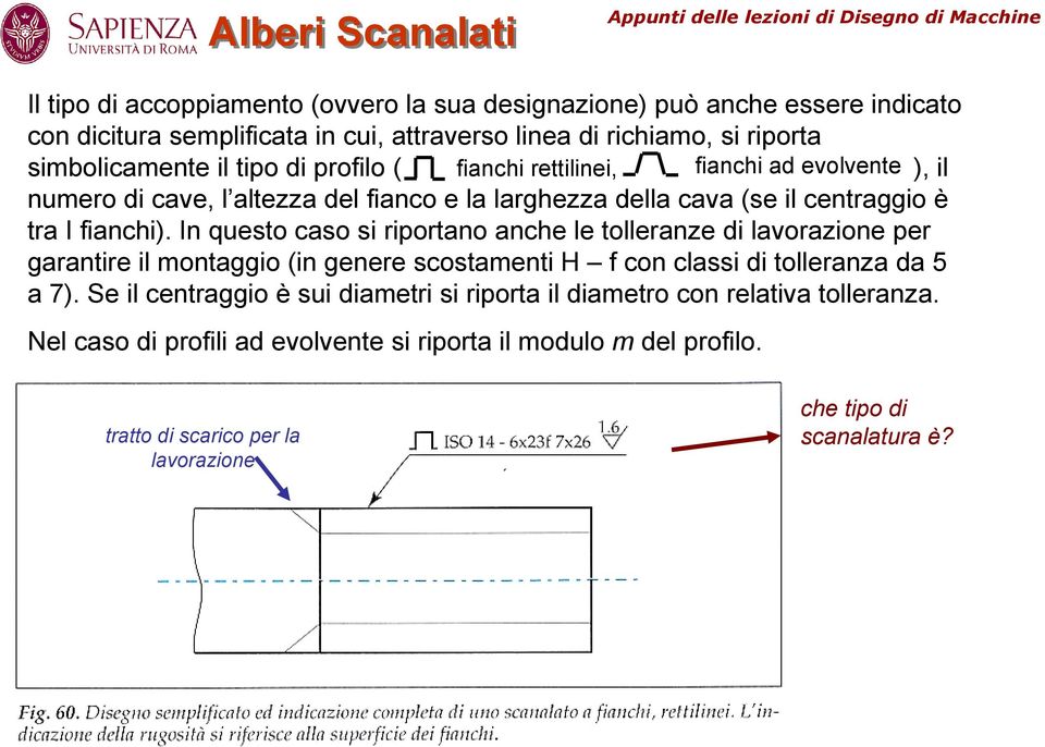 fianchi). In questo caso si riportano anche le tolleranze di lavorazione per garantire il montaggio (in genere scostamenti H f con classi di tolleranza da 5 a 7).