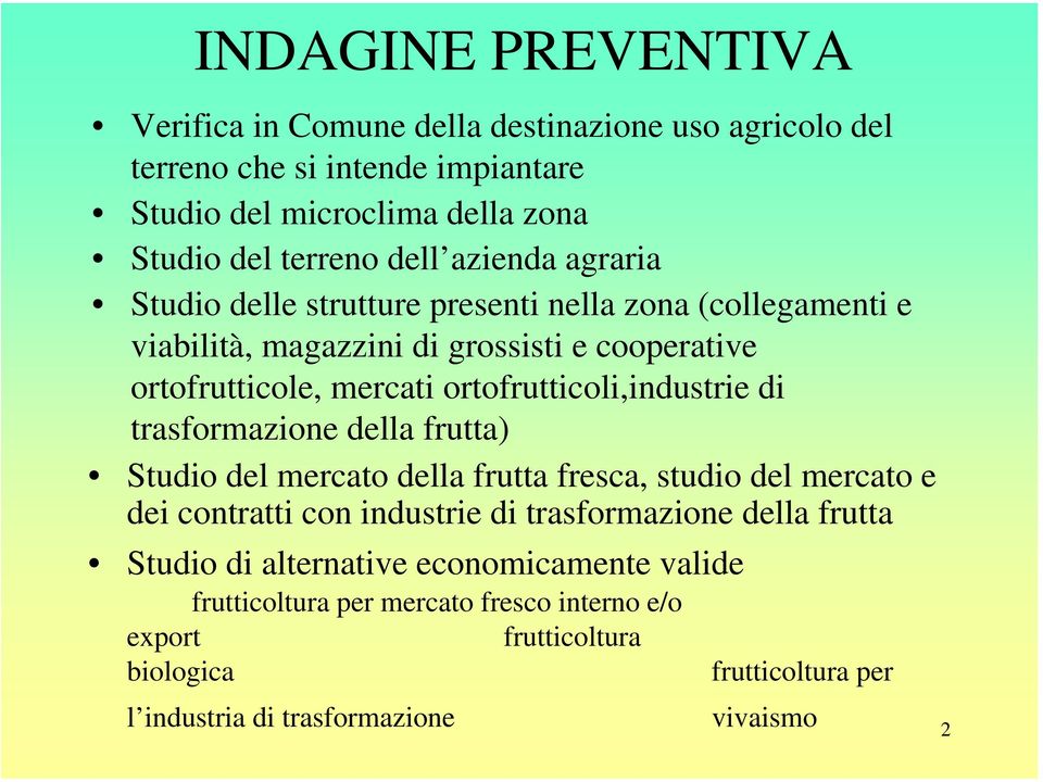 ortofrutticoli,industrie di trasformazione della frutta) Studio del mercato della frutta fresca, studio del mercato e dei contratti con industrie di trasformazione