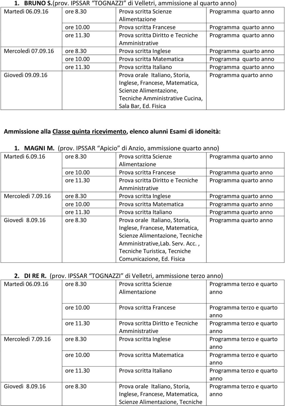 Fisica Programma quarto Ammissione alla Classe quinta ricevimento, elenco alunni Esami di idoneità: 1. MAGNI M. (prov. IPSSAR Apicio di Anzio, ammissione quarto ) Martedì 6.09.16 ore 8.