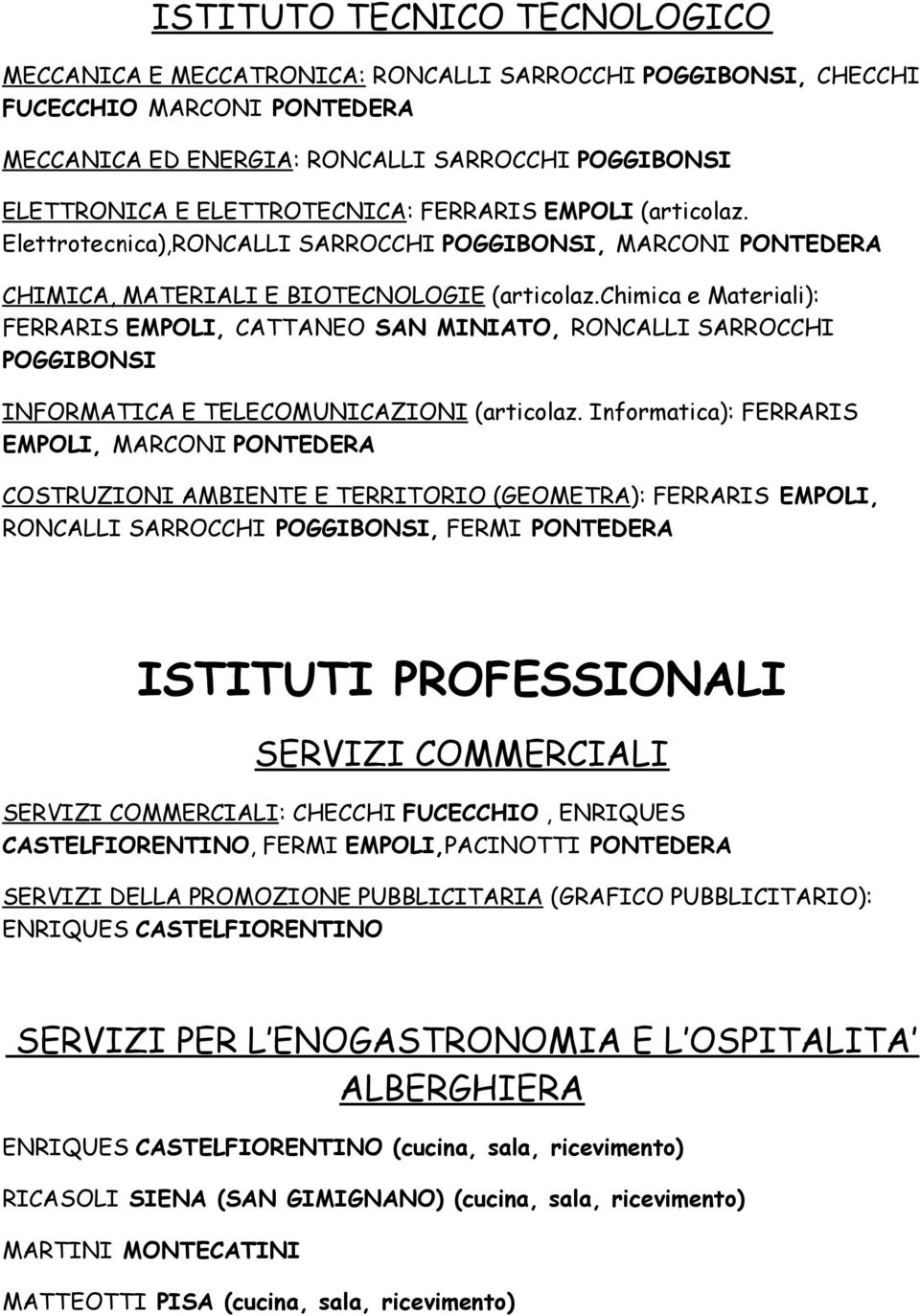 chimica e Materiali): FERRARIS EMPOLI, CATTANEO SAN MINIATO, RONCALLI SARROCCHI POGGIBONSI INFORMATICA E TELECOMUNICAZIONI (articolaz.