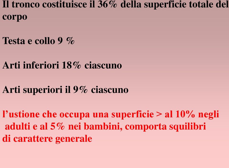 9% ciascuno l ustione che occupa una superficie > al 10% negli