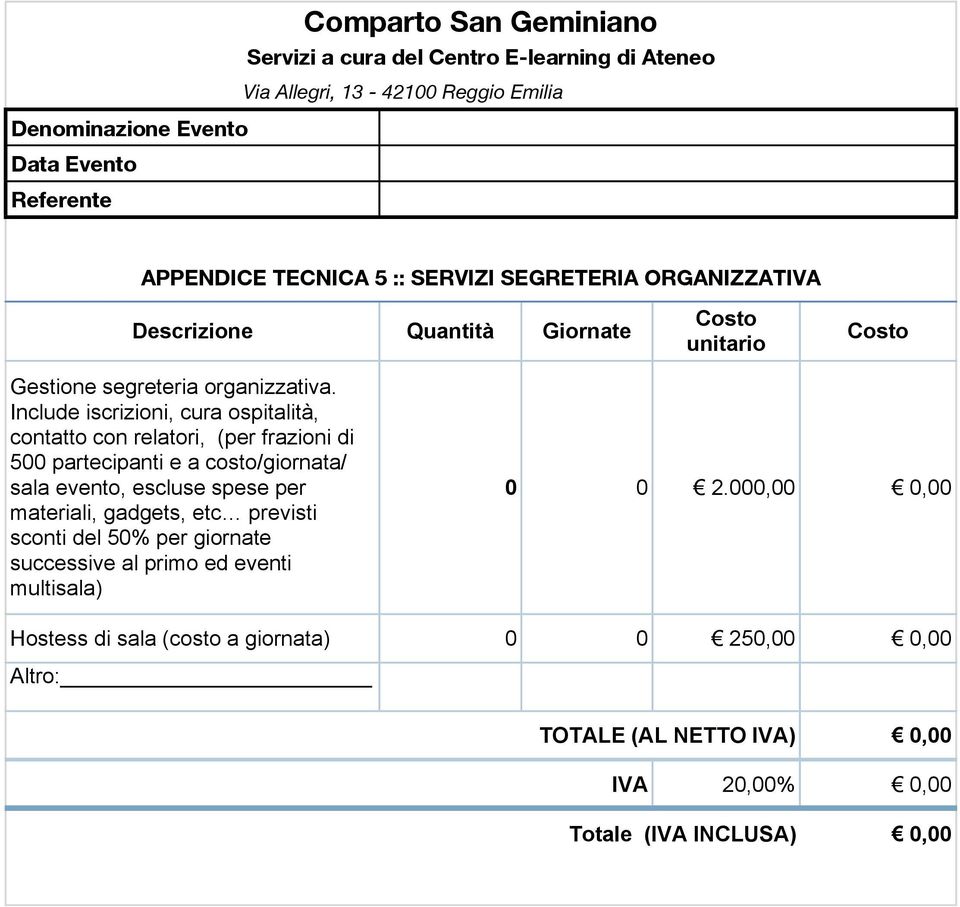 Include iscrizioni, cura ospitalità, contatto con relatori, (per frazioni di 5 partecipanti e a costo/giornata/