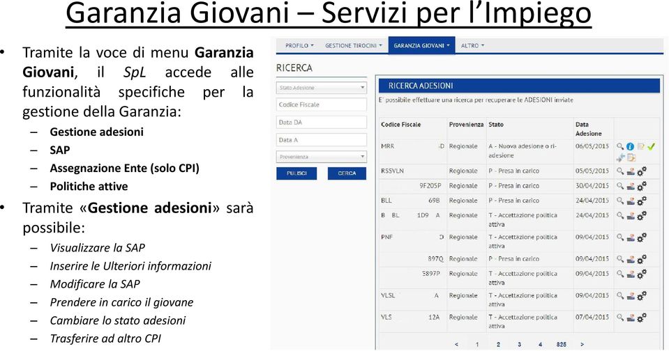 CPI) Politiche attive Tramite «Gestione adesioni» sarà possibile: Visualizzare la SAP Inserire le