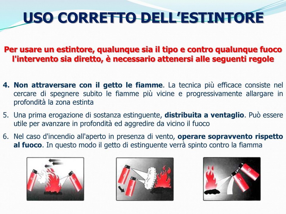 La tecnica più efficace consiste nel cercare di spegnere subito le fiamme più vicine e progressivamente allargare in profondità la zona estinta 5.