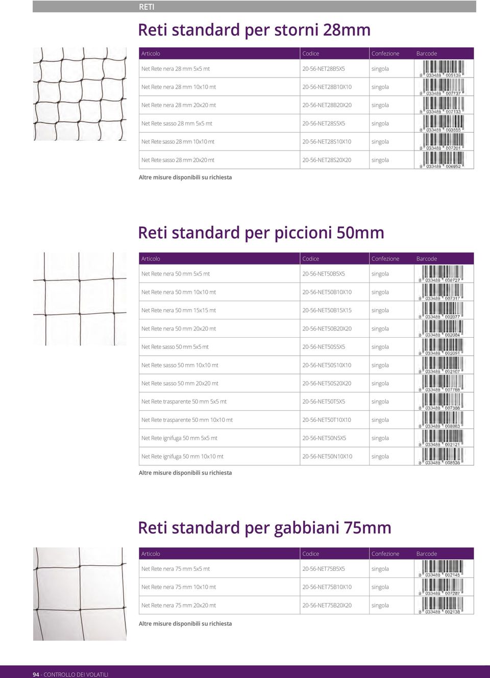 Reti standard per piccioni 50mm Net Rete nera 50 mm 5x5 mt 20-56-NET50B5X5 singola Net Rete nera 50 mm 10x10 mt 20-56-NET50B10X10 singola Net Rete nera 50 mm 15x15 mt 20-56-NET50B15X15 singola Net