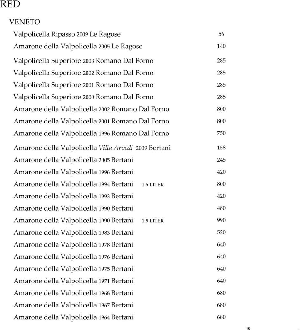 800 Amarone della Valpolicella 1996 Romano Dal Forno 750 Amarone della Valpolicella Villa Arvedi 2009 Bertani 158 Amarone della Valpolicella 2005 Bertani 245 Amarone della Valpolicella 1996 Bertani