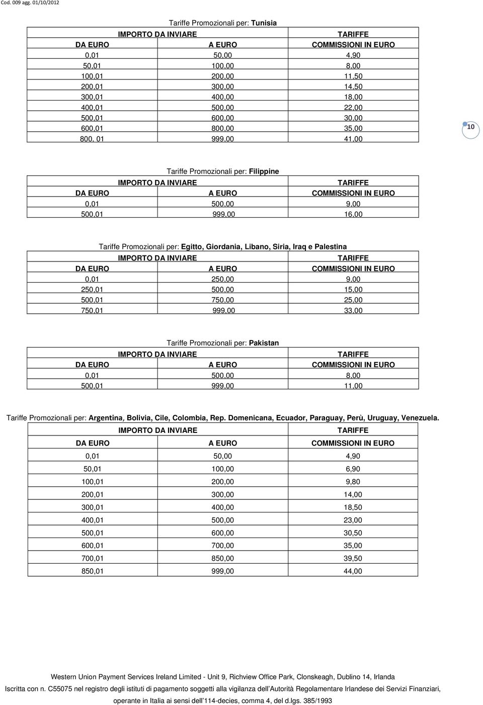 750,00 25,00 750,01 999,00 33,00 Tariffe Promozionali per: Pakistan 0,01 500,00 8,00 500,01 999,00 1 Tariffe Promozionali per: Argentina, Bolivia, Cile, Colombia, Rep.