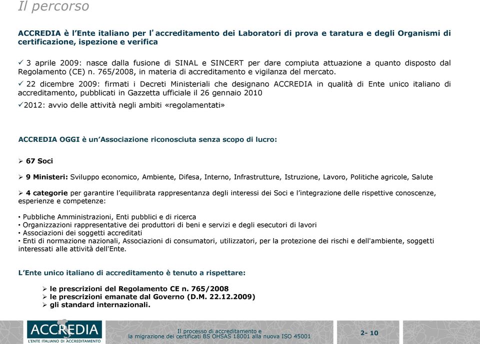 22 dicembre 2009: firmati i Decreti Ministeriali che designano ACCREDIA in qualità di Ente unico italiano di accreditamento, pubblicati in Gazzetta ufficiale il 26 gennaio 2010 2012: avvio delle