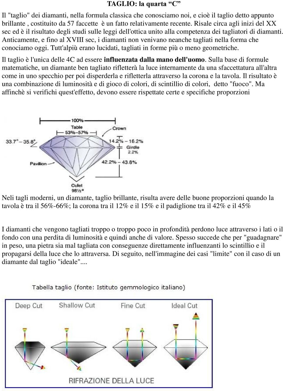 Anticamente, e fino al XVIII sec, i diamanti non venivano neanche tagliati nella forma che conociamo oggi. Tutt'alpiù erano lucidati, tagliati in forme più o meno geometriche.