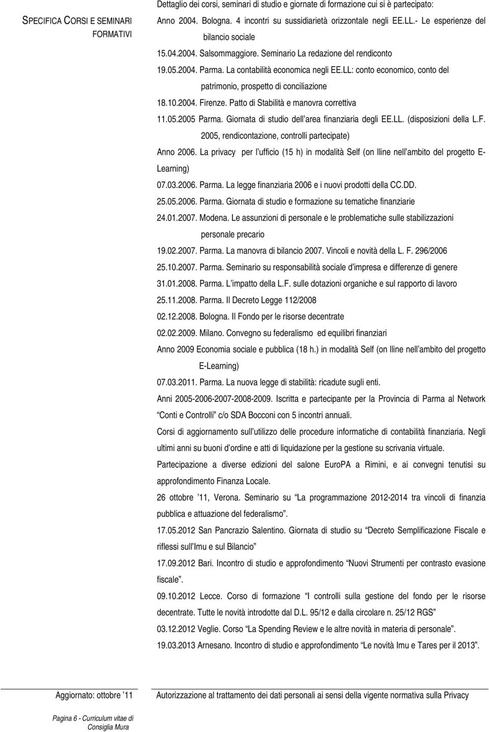 LL: cnt ecnmic, cnt del patrimni, prspett di cnciliazine 18.10.2004. Firenze. Patt di Stabilità e manvra crrettiva 11.05.2005 Parma. Girnata di studi dell area finanziaria degli EE.LL. (dispsizini della L.