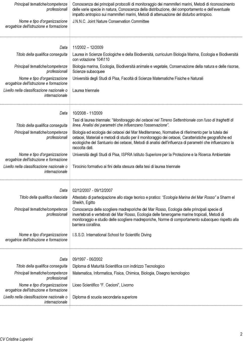 Joint Nature Conservation Committee Data 11/2002 12/2009 Laurea in Scienze Ecologiche e della Biodiversità, curriculum Biologia Marina, Ecologia e Biodiversità con votazione 104\110 Biologia marina,