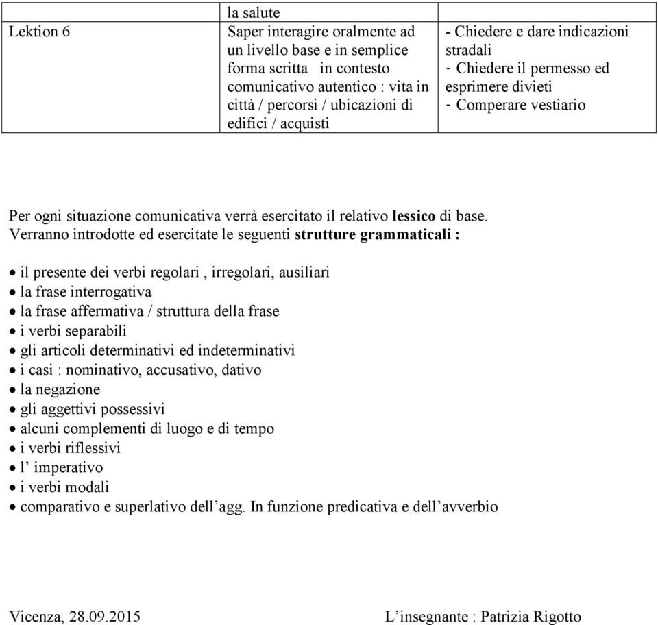 Verranno introdotte ed esercitate le seguenti strutture grammaticali : il presente dei verbi regolari, irregolari, ausiliari la frase interrogativa la frase affermativa / struttura della frase i