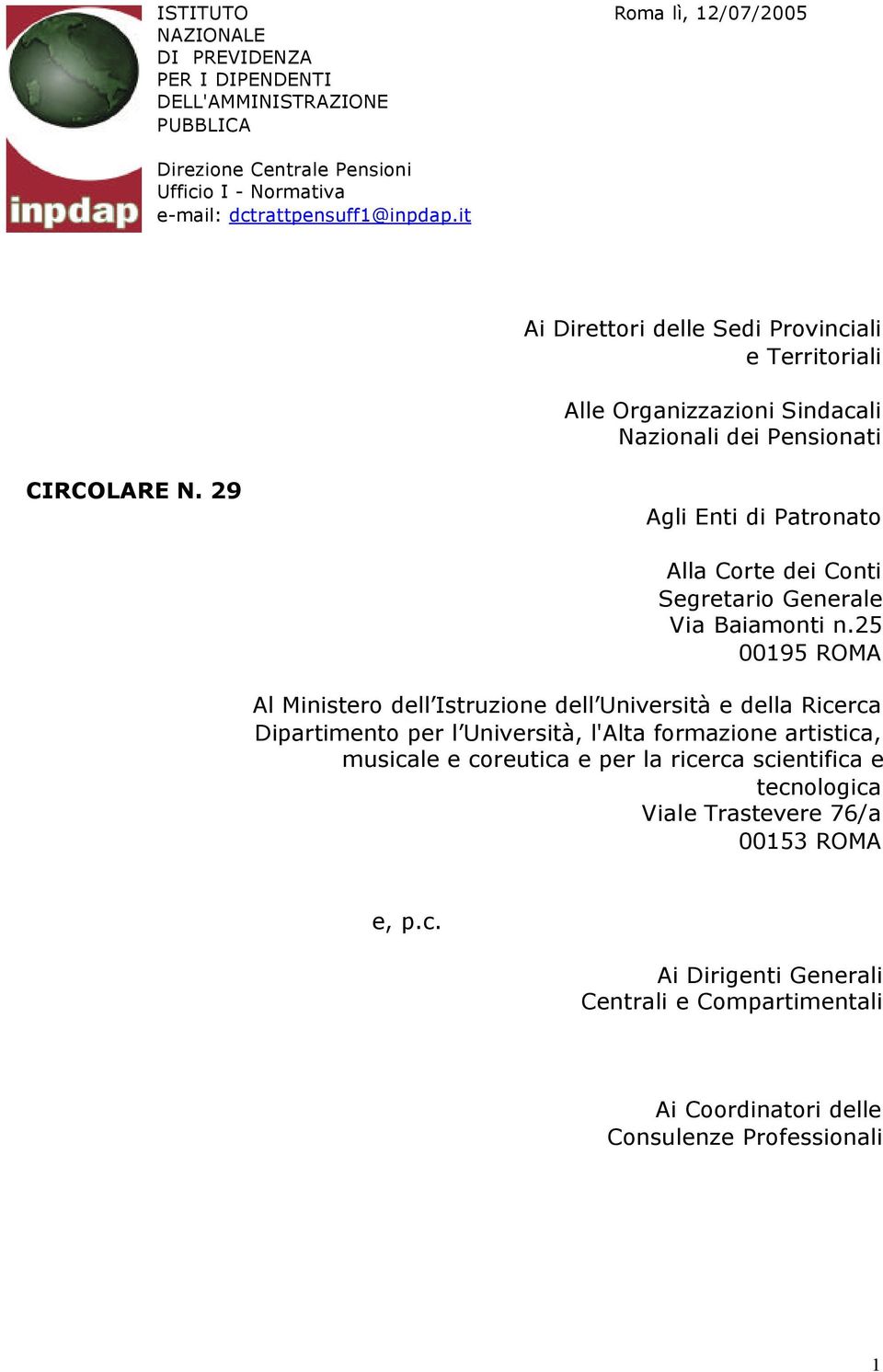 29 Agli Enti di Patronato Alla Corte dei Conti Segretario Generale Via Baiamonti n.