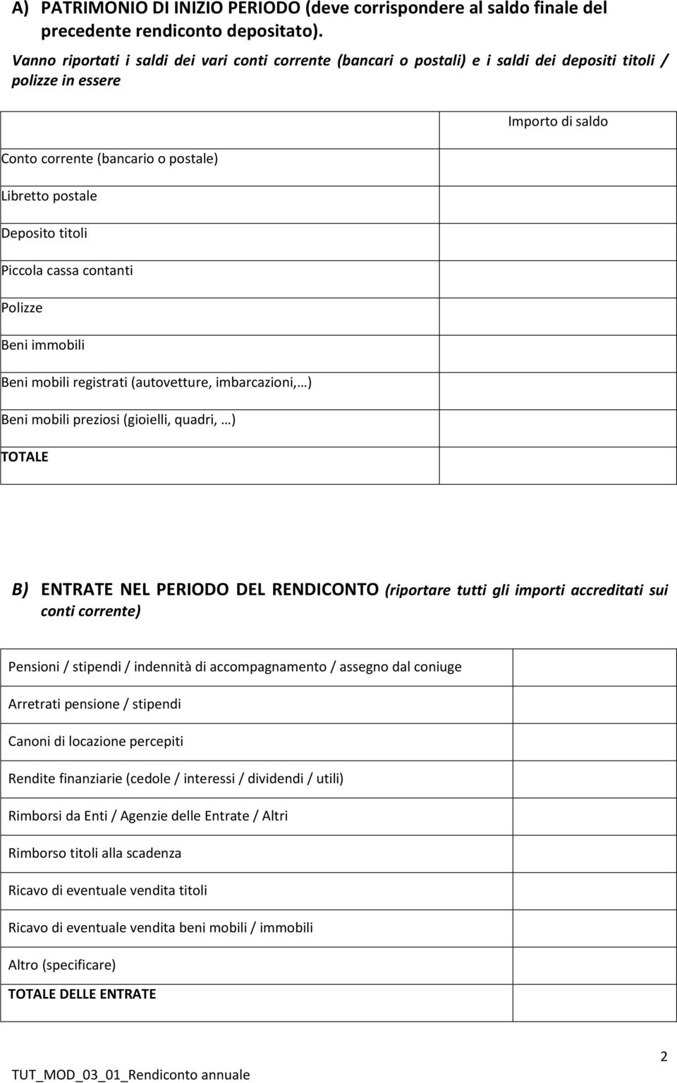 cassa contanti Polizze Beni immobili Beni mobili registrati (autovetture, imbarcazioni, ) Beni mobili preziosi (gioielli, quadri, ) TOTALE Importo di saldo B) ENTRATE NEL PERIODO DEL RENDICONTO