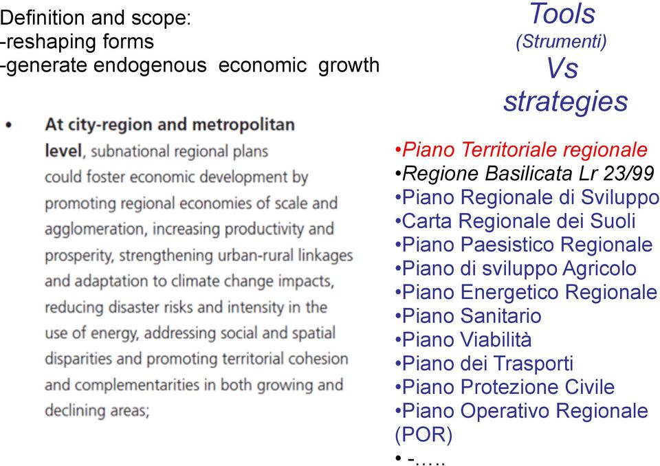 Regionale dei Suoli Piano Paesistico Regionale Piano di sviluppo Agricolo Piano Energetico Regionale