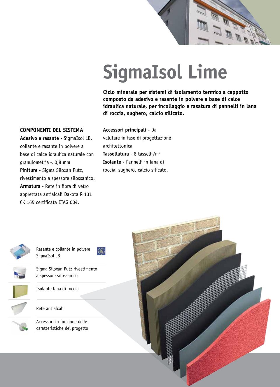 COMPONENTI DEL SISTEMA Adesivo e rasante - SigmaIsol LB, collante e rasante in polvere a base di calce idraulica naturale con granulometria < 0,8 mm Finiture - Sigma Siloxan Putz, rivestimento a