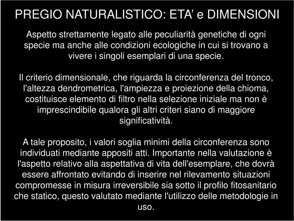 Il criterio dimensionale, che riguarda la circonferenza del tronco, l'altezza dendrometrica, l'ampiezza e proiezione della chioma, costituisce elemento di filtro nella selezione iniziale ma non è