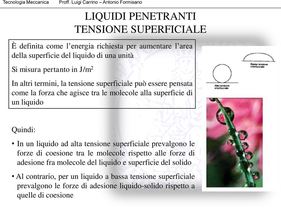 liquido ad alta tensione superficiale prevalgono le forze di coesione tra le molecole rispetto alle forze di adesione fra molecole del liquido e