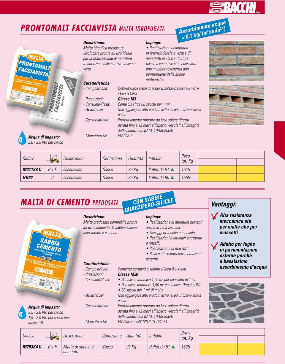 - Composizione: Calce idraulica, cemento portland, sabbia silicea 0 2 mm e idonei additivi. - Prestazioni: Classe M5 - Consumo/Resa: Come cls circa 68 sacchi per 1 m³.