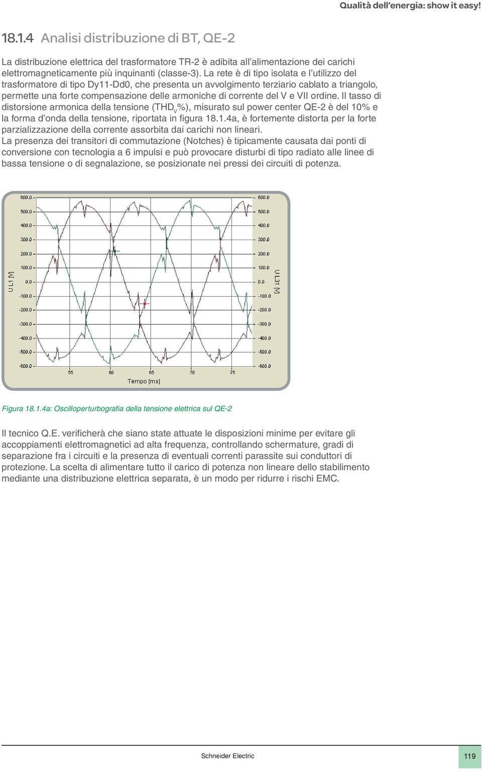 V e VII ordine. Il tasso di distorsione armonica della tensione (THD V %), misurato sul power center QE-2 è del 10