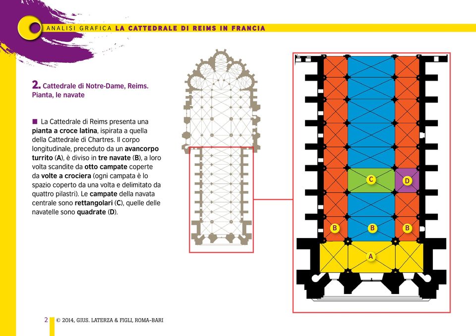 Il corpo longitudinale, preceduto da un avancorpo turrito (A), è diviso in tre navate (B), a loro volta scandite da otto