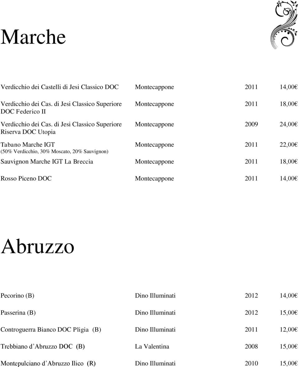 22,00 Sauvignon Marche IGT La Breccia Montecappone 2011 18,00 Rosso Piceno DOC Montecappone 2011 14,00 Abruzzo Pecorino (B) Dino Illuminati 2012 14,00 Passerina (B) Dino