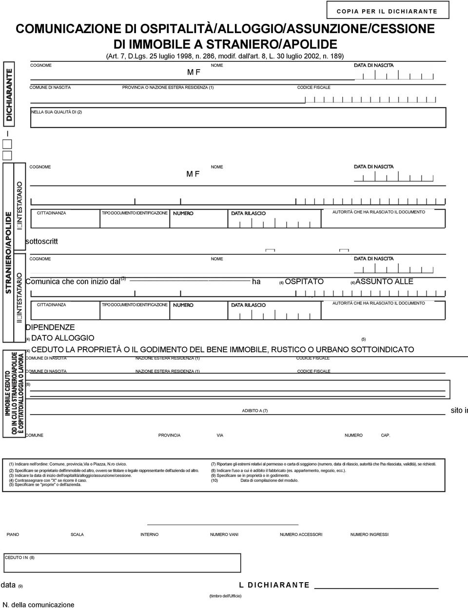 189) COMUNE DI NASCITA PROVINCIA O NAZIONE ESTERA RESIDENZA (1) CODICE FISCALE NELLA SUA QUALITÀ DI (2) l sottoscritt Comunica che con inizio dal (3) ha (4) OSPITATO (4)ASSUNTO ALLE DIPENDENZE (4)