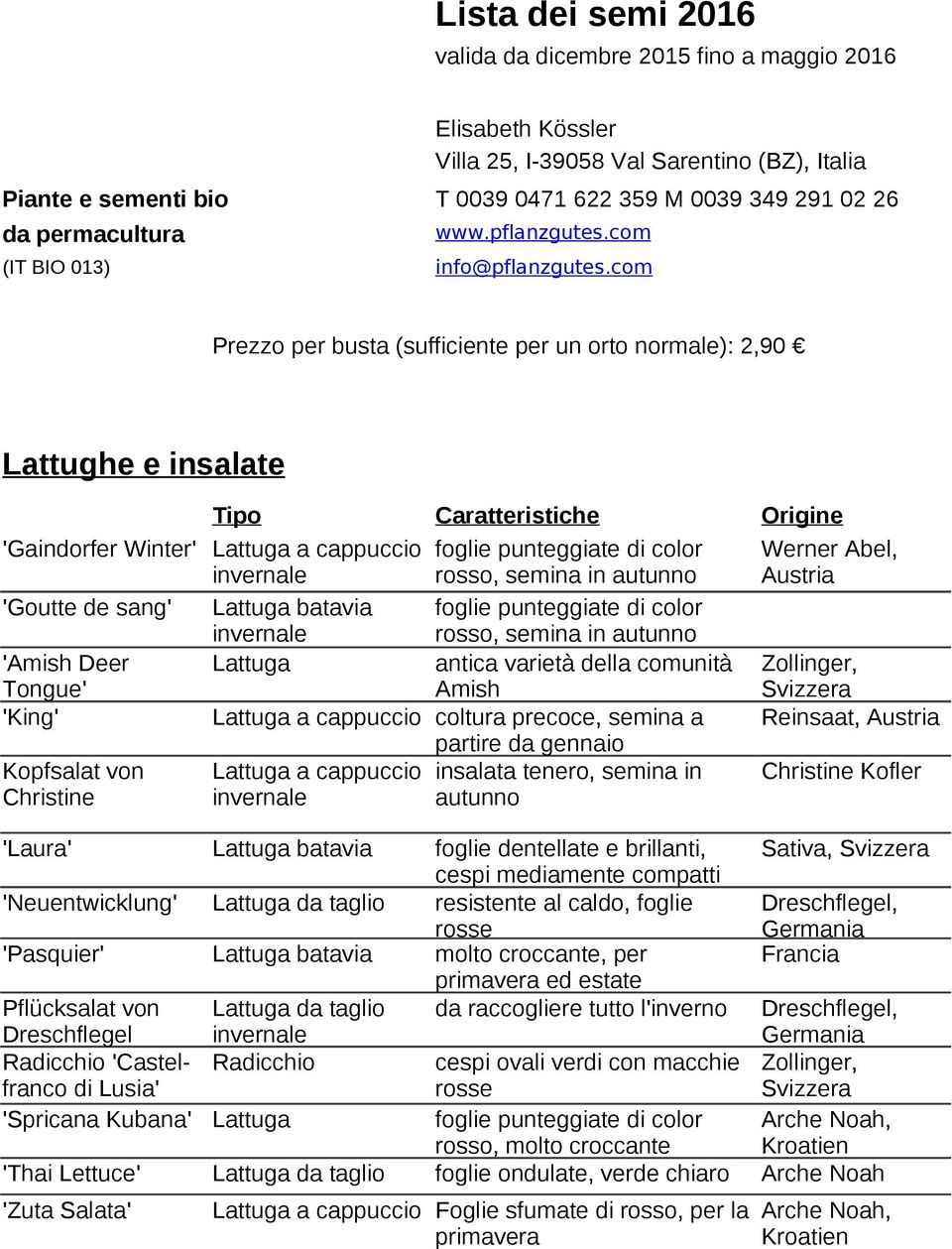 com Prezzo per busta (sufficiente per un orto normale): 2,90 Lattughe e insalate Tipo Caratteristiche Origine 'Gaindorfer Winter' Lattuga a cappuccio foglie punteggiate di color Werner Abel,