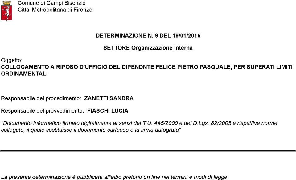 Responsabile del procedimento: ZANETTI SANDRA Responsabile del provvedimento: FIASCHI LUCIA "Documento informatico firmato digitalmente ai