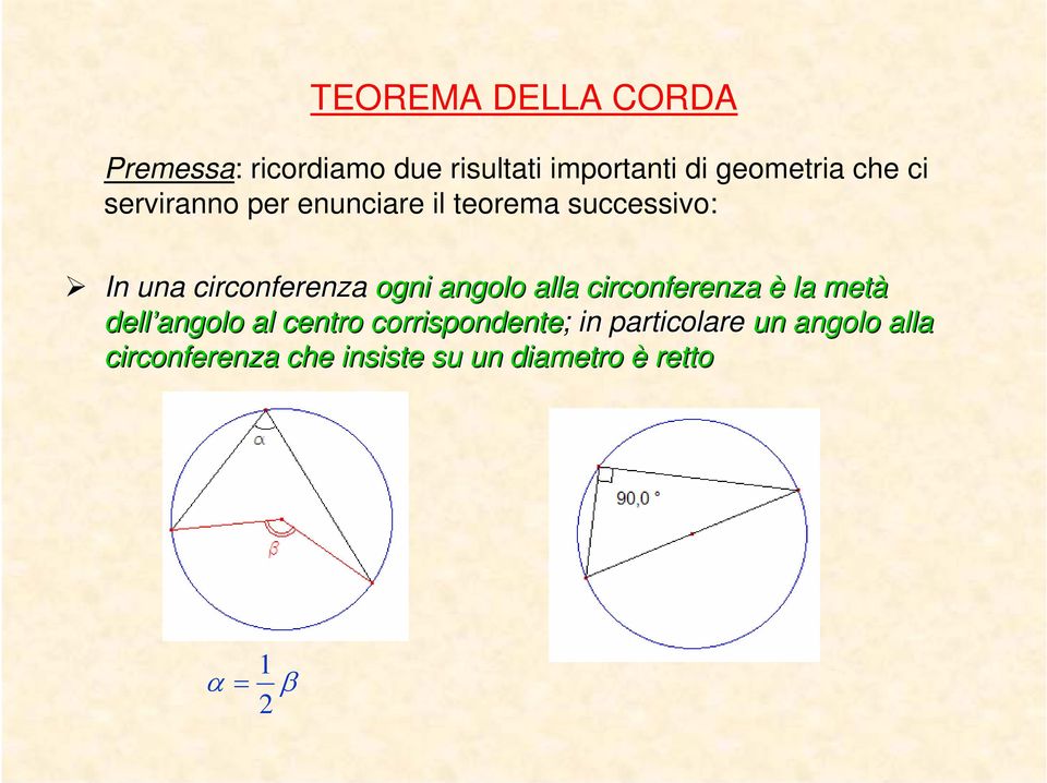 angolo alla circonferenza è la metà dell angolo al centro corrispondente; ; in