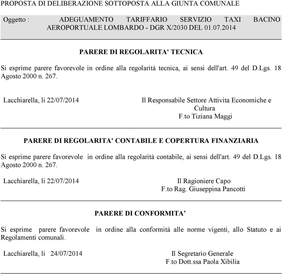 Lacchiarella, li 22/07/2014 Il Responsabile Settore Attivita Economiche e Cultura F.
