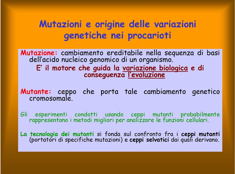 E il motore che guida la variazione biologica e di conseguenza l evoluzione Mutante: ceppo che porta tale cambiamento genetico cromosomale.